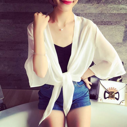 Chiffon Jacket Elbow-Sleeve Tie Crop Front Plain