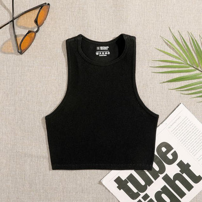 Plain Neck Top Crew Tank Crop