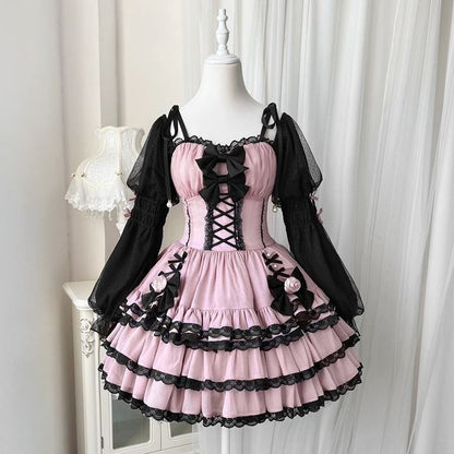 Lolita Long-Sleeve Lace-Up Waist Tiered A-Line Dress