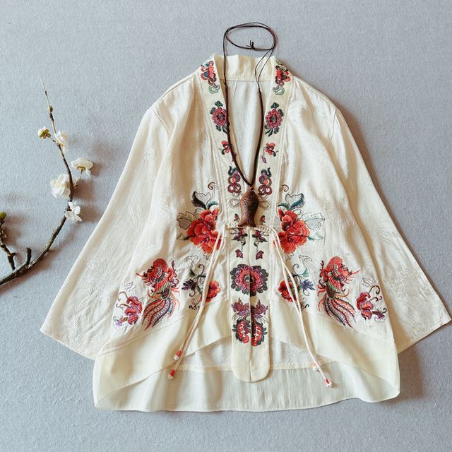 Flower Embroidered Open Front Jacket