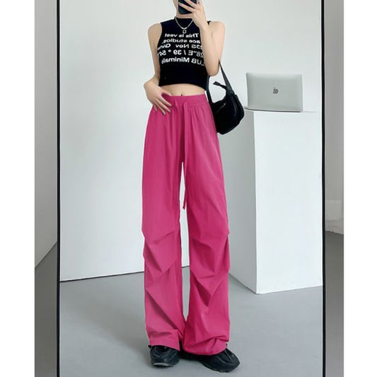 Plain Wide Leg High Waist Parachute Cargo Pants