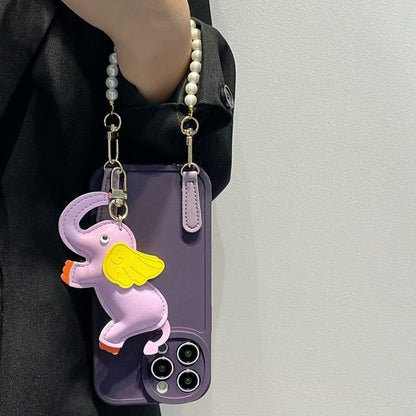 Charm Faux Elephant Phone Pearl Strap Case Leather