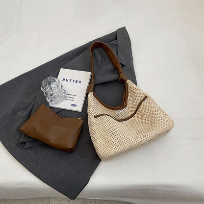 Set: Straw Tote Bag + Faux Leather Pouch