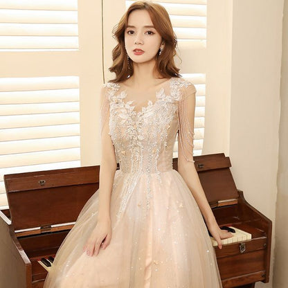 Short-Sleeve V-Neck Lace A-Line Evening Gown