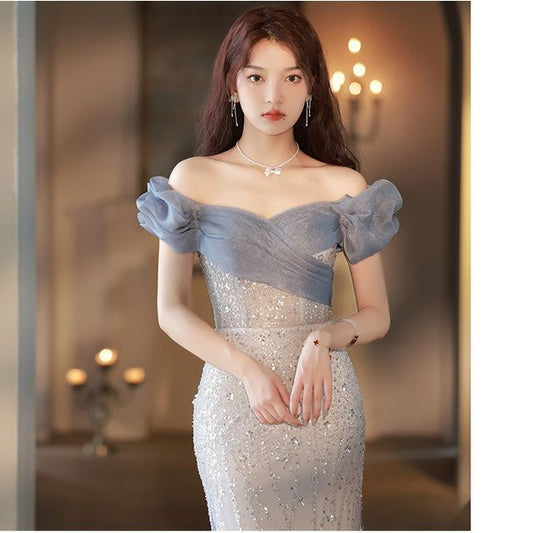 Evening A-Line Mesh Gown Shoulder Off Trained