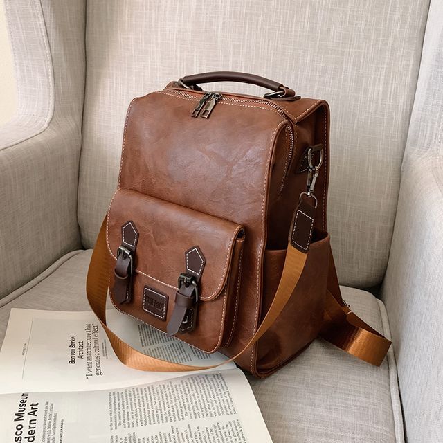 Faux Leather Buckled Backpack