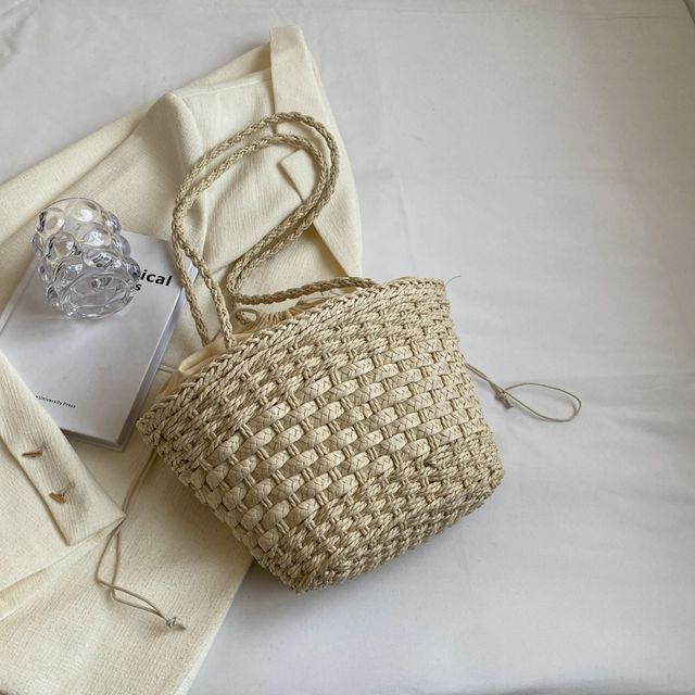 Woven Drawstring Bucket Bag