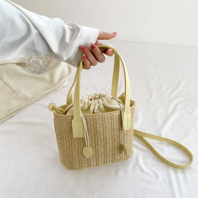 Drawstring Woven Bucket Bag