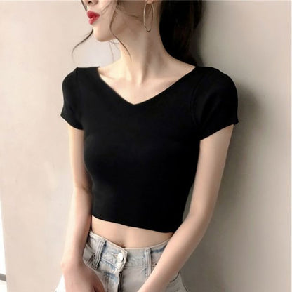 V-Neck Short-Sleeve Plain Cropped T-Shirt