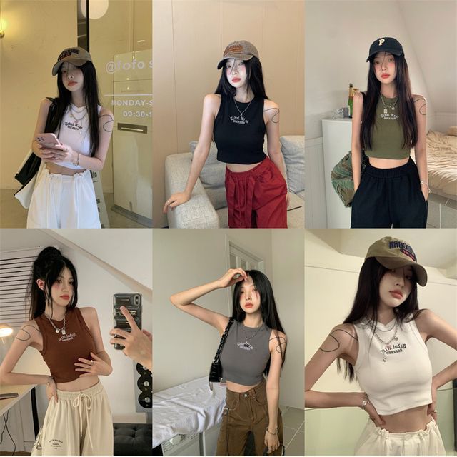 Tank Embroidered Top Neck Crop Crew Letter