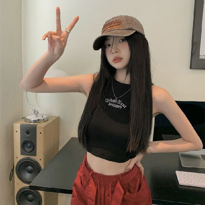 Tank Embroidered Top Neck Crop Crew Letter