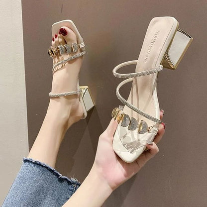 Square-Toe Block Heel Rhinestone Slide Sandals