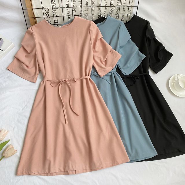 Elbow-Sleeve Crewneck Plain A-Line Dress