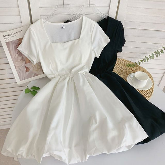 Short-Sleeve Square-Neck Plain A-Line Dress