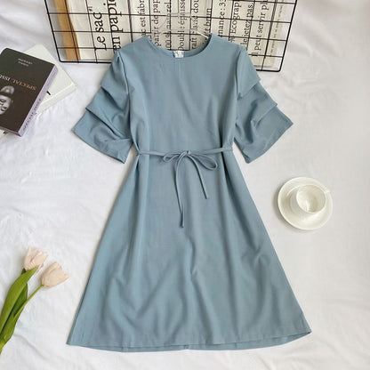 Elbow-Sleeve Crewneck Plain A-Line Dress