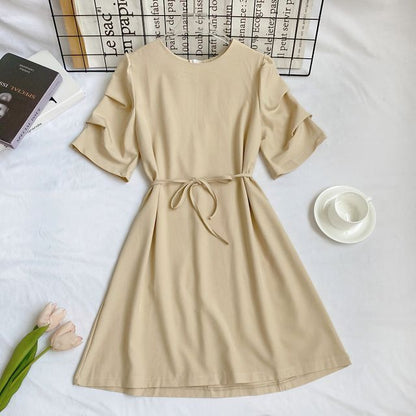 Elbow-Sleeve Crewneck Plain A-Line Dress