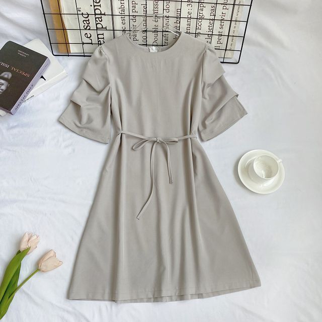 Elbow-Sleeve Crewneck Plain A-Line Dress