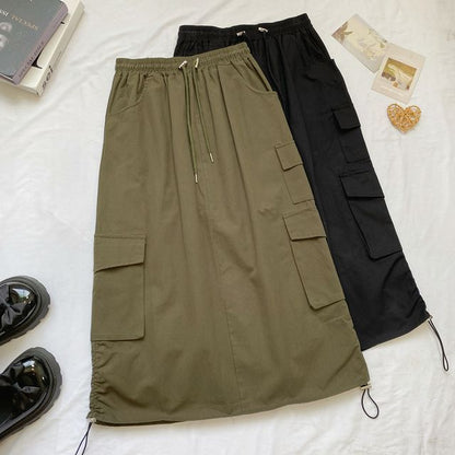 High Waist Plain Midi A-Line Cargo Skirt