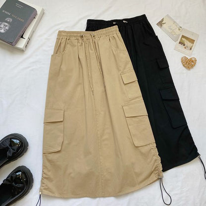 High Waist Plain Midi A-Line Cargo Skirt