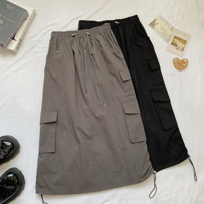 High Waist Plain Midi A-Line Cargo Skirt