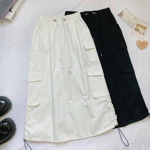 High Waist Plain Midi A-Line Cargo Skirt