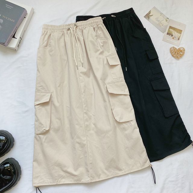 High Waist Plain Midi A-Line Cargo Skirt