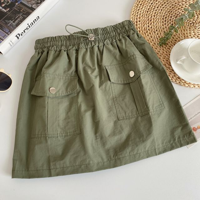 High Rise Plain Mini A-Line Cargo Skirt