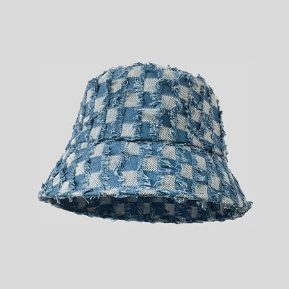 Hat Fringed Bucket Checker Denim
