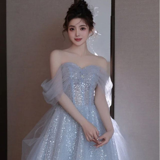 Glitter Gown Cold Shoulder A-Line Evening Midi