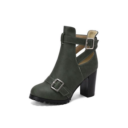 Buckled Cutout Chunky Heel Ankle Boots