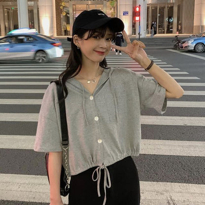 Button-Up Hooded Short-Sleeve Cropped Tee Plain