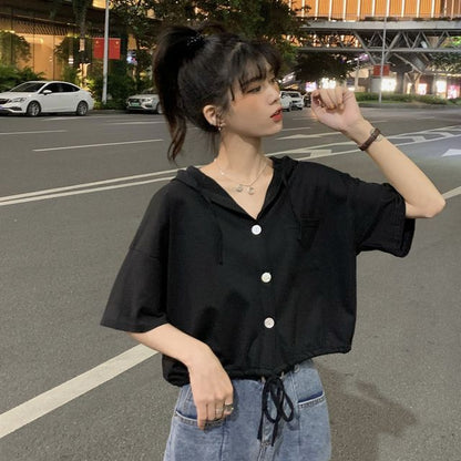 Button-Up Hooded Short-Sleeve Cropped Tee Plain