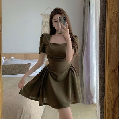 Neck Square Short-Sleeve Dress Plain A-Line Mini