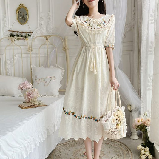 Short Sleeve Collared Floral Embroidered Bow Drawstring Waist Midi A-Line Dress