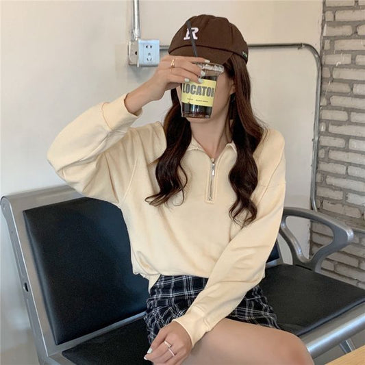 Plain Long-Sleeve Sweatshirt Polo-Neck Half-Zip