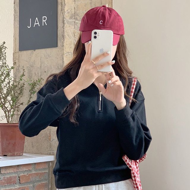 Plain Long-Sleeve Sweatshirt Polo-Neck Half-Zip