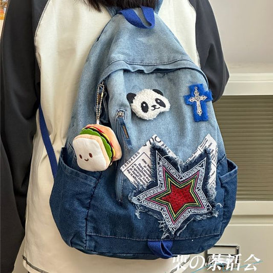 Star Applique Washed Paneled Denim Backpack