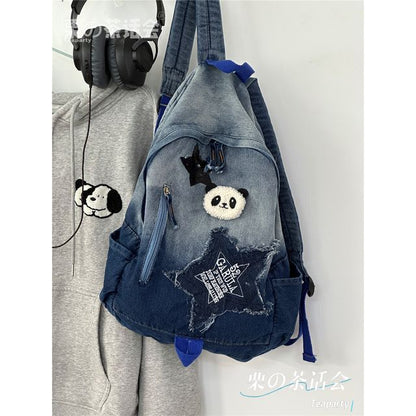 Star Applique Washed Paneled Denim Backpack