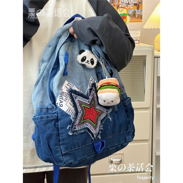 Star Applique Washed Paneled Denim Backpack