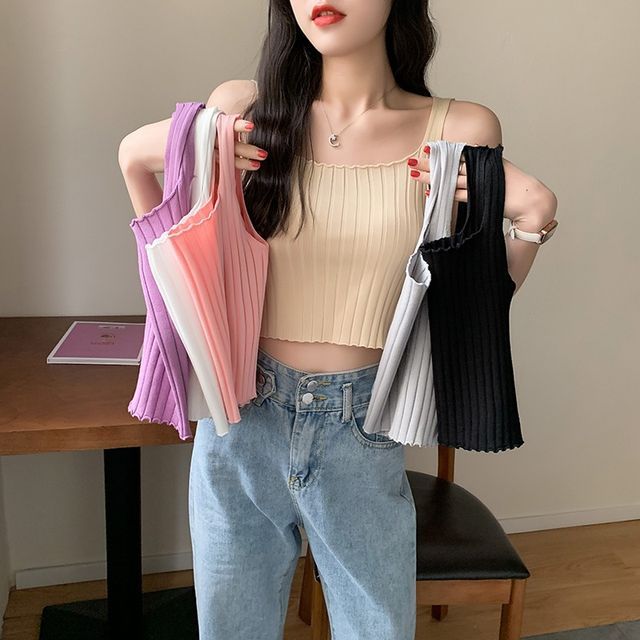 Crop Ribbed Neck Tank Knit Plain Top Square