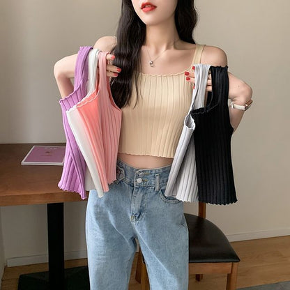 Crop Ribbed Neck Tank Knit Plain Top Square