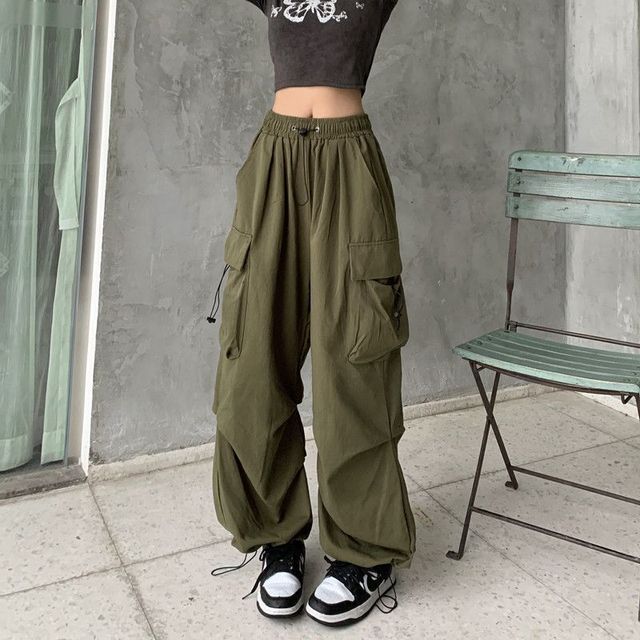 Plain Pants Waist Wide Drawstring Cargo Leg