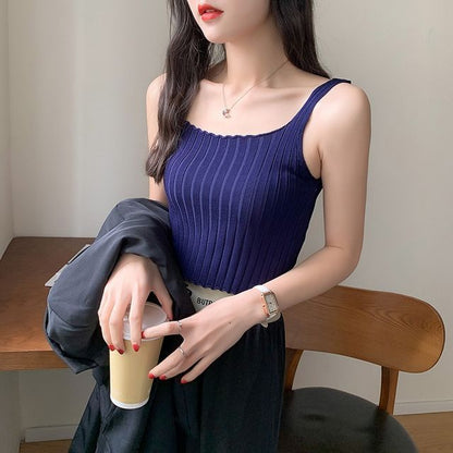 Crop Ribbed Neck Tank Knit Plain Top Square