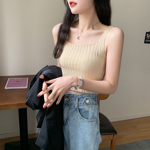 Crop Ribbed Neck Tank Knit Plain Top Square