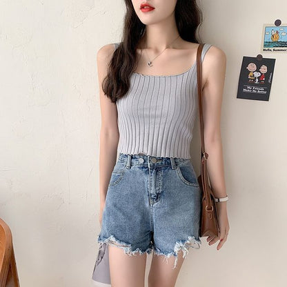 Crop Ribbed Neck Tank Knit Plain Top Square