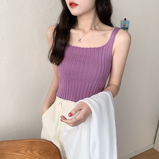 Crop Ribbed Neck Tank Knit Plain Top Square