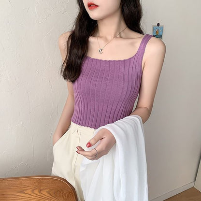 Crop Ribbed Neck Tank Knit Plain Top Square