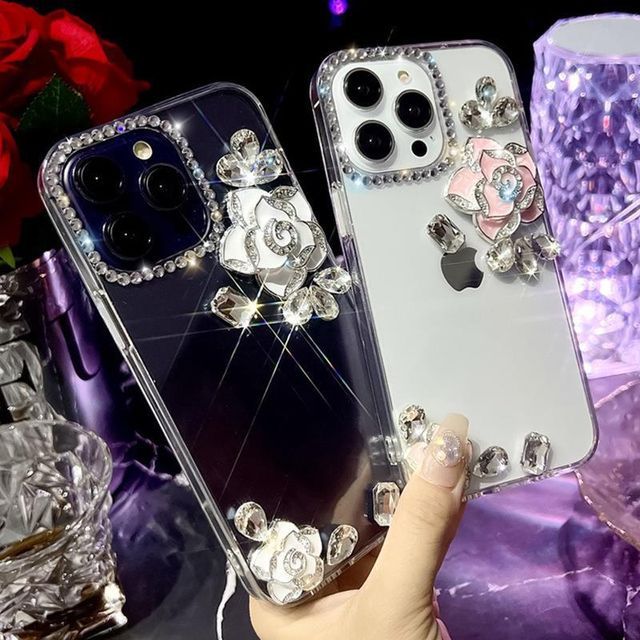 Floral Rhinestone Transparent Phone Case - iPhone 14 Pro Max / 14 Pro / 14 Max / 14 / 13 Pro Max / 13 Pro / 13 / 13 mini / 12 Pro Max / 12 Pro / 12 / 12 mini / 11 Pro Max / 11 Pro / 11 / SE / XS Max / XS / XR / X / 8 / 8 Plus / 7 / 7 Plus