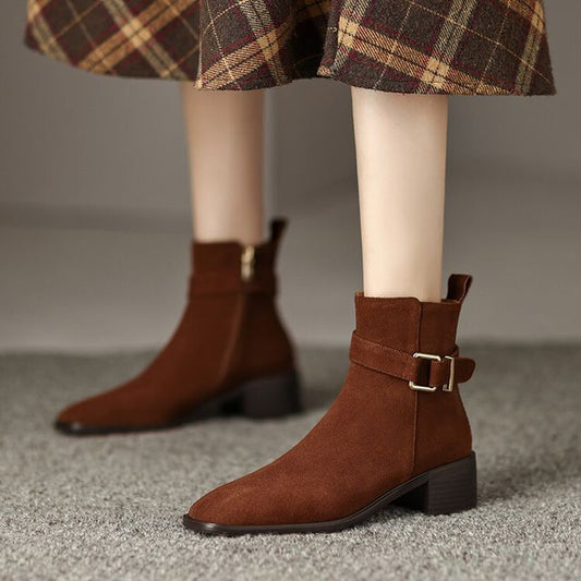 Block Heel Pointed Toe Buckled Genuine Leather Short Boots