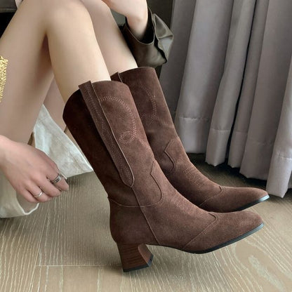 Block Heel Pointed Toe Embroidered Genuine Leather Mid-Calf Boots